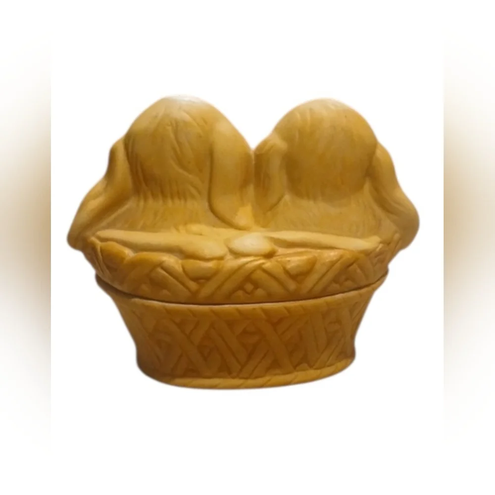 Homco Brown and White Puppy Basket Figurine